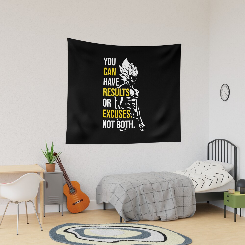 Results Vs Excuses Vegeta Gym Motivational Tapestry
